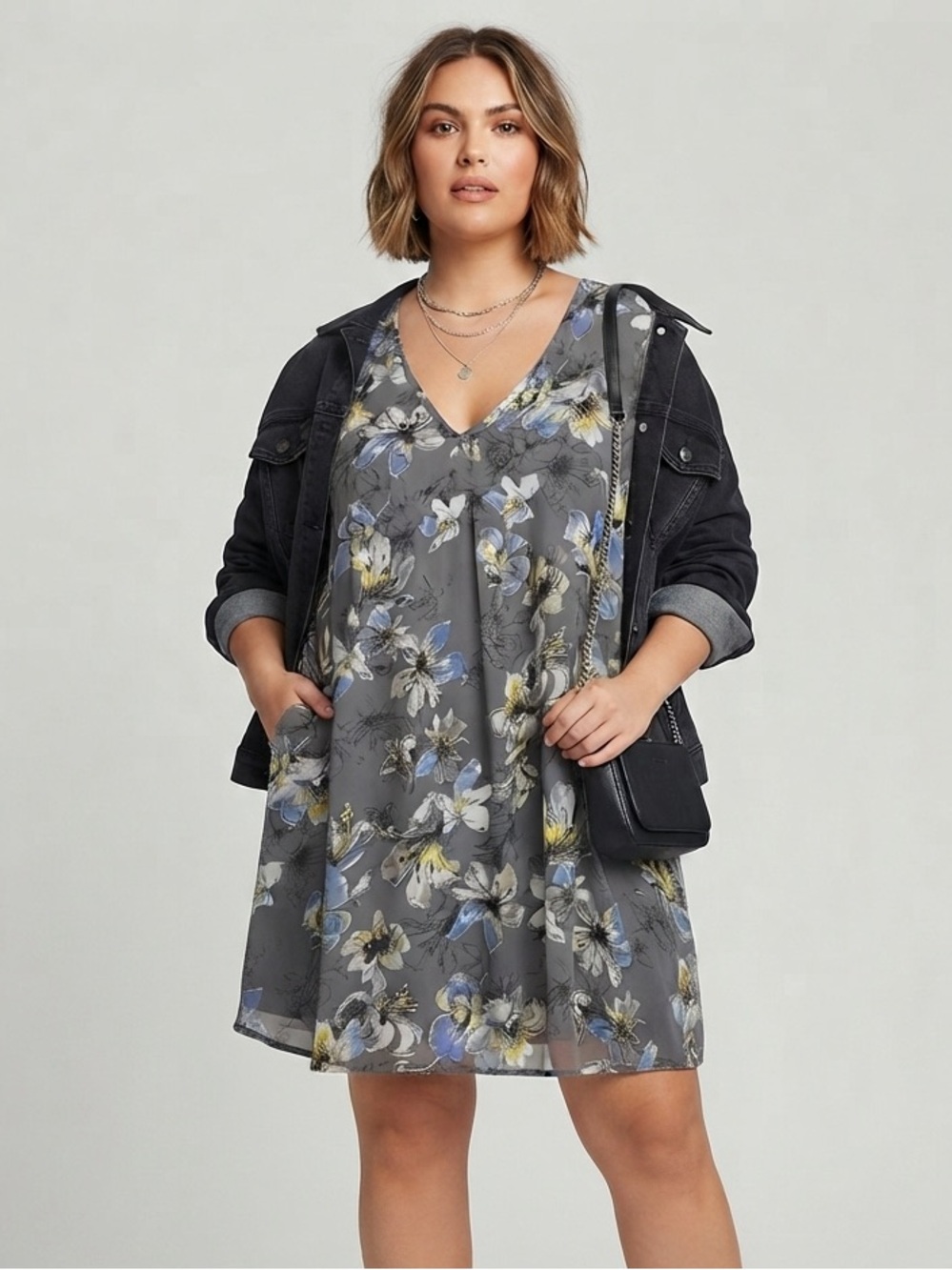 MTS Charcoal Grey Blue boho Floral Chiffon V-Neck Short Sleeve Shift Dress Sz L